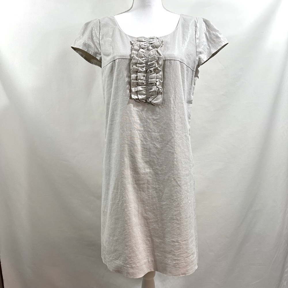 LikeNEW Mac & jac ivory silver cotton/linen dress with rufffle, size L